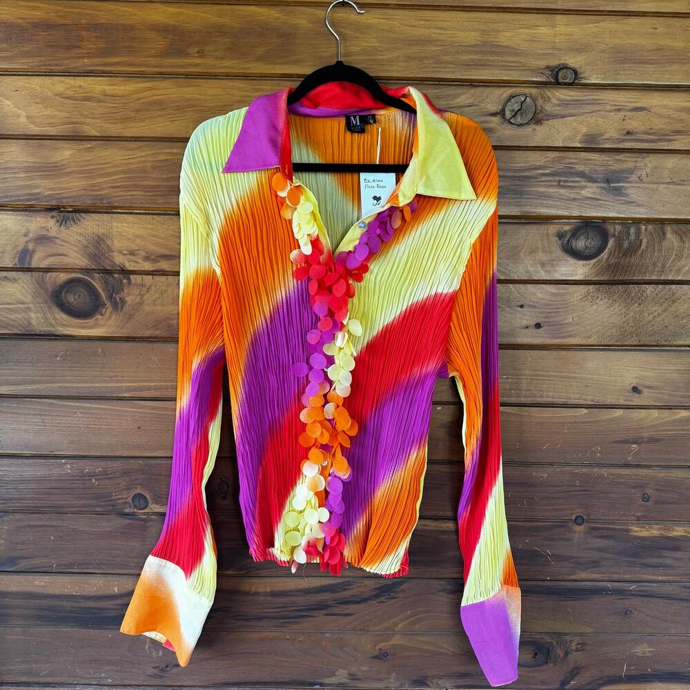 VINTAGE | Y2K Multicolor Plisse Pleated Long Sleeve Plus Size Blouse Size 2X